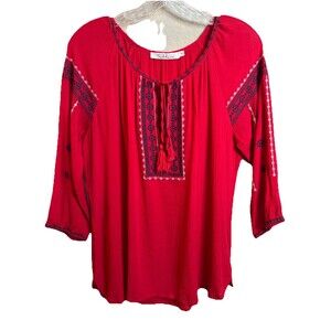 Solitaire Blouse Womens Medium‎ Red White Blue Embroidery Boho Johnny Was Vibes